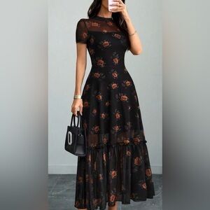 Mesh short sleeve Floral Black illusion neck maxi Dress